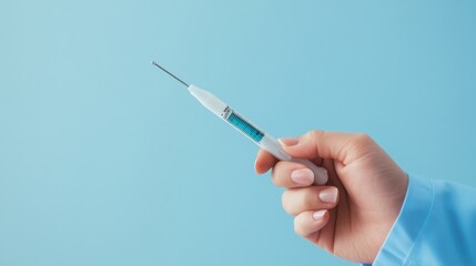 A detailed close-up of a hand holding a digital thermometer in a clean clinical setting against a light blue background, macro shot, Minimalist style