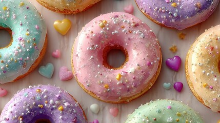  A diverse array of sprinkled doughnuts in heart shapes, adorned with various colors of frosting on a pristine white background