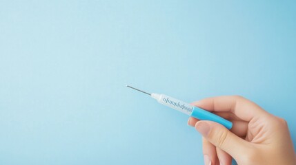 A detailed close-up of a hand holding a digital thermometer in a clean clinical setting against a light blue background, macro shot, Minimalist style