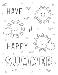 have a happy summer coloring page in letter size (8.5x11 inches) paper. You can print it on standard 8.5x11 inch paper at 300 dpi for high-quality printing.