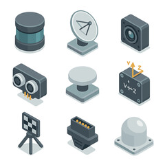 Autonomous Sensor Icons. Isometric Flat icon set of Autonomous Sensor Suite: LiDAR scanner, radar dish, camera module, ultrasonic