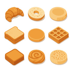 Breakfast Bread Icons. Isometric Flat icon set of breakfast bread pairings: croissant, bagel half, English muffin, toast stack,