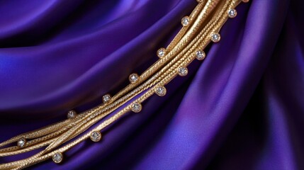 Obraz premium Shiny gold necklace with round diamonds draped elegantly over a royal purple surface
