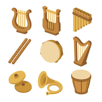 Celestial Instruments Grid. Isometric Flat icon set of Celestial music instruments: lyre, kithara, pan flute, double pipe,