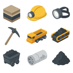 Obraz premium Coal Mining Icons. Isometric Flat icon set of Coal mining operations: coal seam, miner helmet, headlamp, pickaxe, shuttle car,