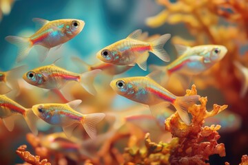 Fototapeta premium School of glowing neon tetra fish swimming gracefully near vibrant coral reefs in a serene aquatic environment.