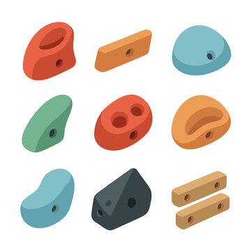 Climbing Grip Icons. Isometric Flat icon set of climbing grip types: jugs, crimps, slopers, pinches, pockets, underclings,