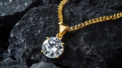 Sparkling diamond necklace with gold chain on matte charcoal grey background for a sleek look