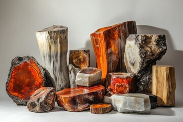 A collection of polished petrified wood pieces showcasing vibrant colors and natural wood grain patterns on a neutral background.