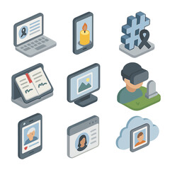 Fototapeta premium Digital Memorial Icons. Isometric Flat icon set of digital memorials: online obituary page, virtual candle, memorial hashtag,