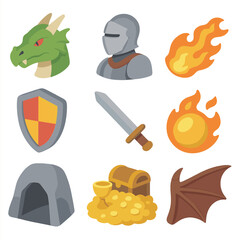Fototapeta premium Dragon Duel Icons. Isometric Flat icon set of Dragon duel encounter: dragon head, knight in armor, flaming breath, shield, sword,