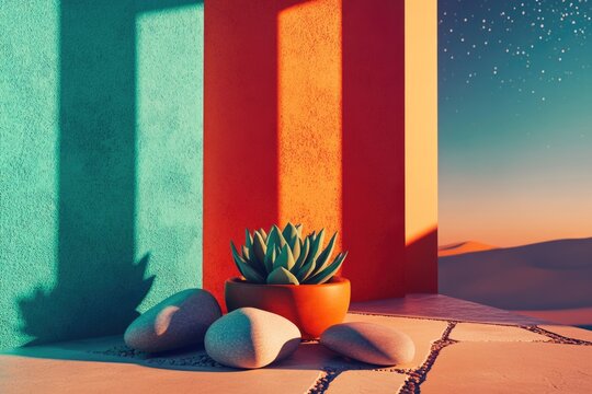 Vibrant backdrop showcasing a potted succulent, smooth stones, and a serene desert landscape under a starlit sky.