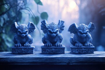 Three stone gargoyles sit in a row, illuminated by a soft glow in a tranquil, mystical garden setting.