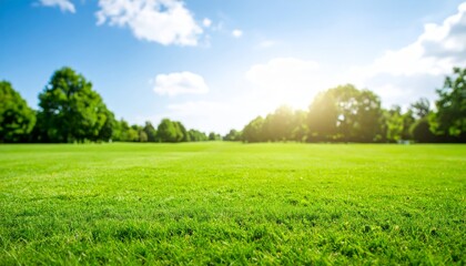 Obraz premium Idyllic landscape, vibrant green grass field meets azure blue sky with fluffy white clouds