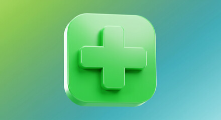 Obraz premium Glossy green plus sign on gradient abstract plus icon healthcare add button positive symbol graphic