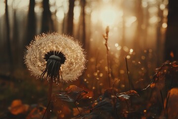 A shimmering dandelion seed head, adorned with dew drops, glows in the warm light of a hazy autumn morning.