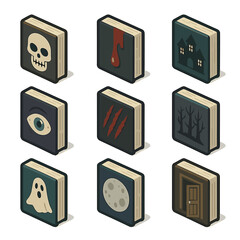 Fototapeta premium Horror Icon Collection. Isometric Flat icon set of horror graphic novels: skull mask, blood drip, haunted house, frightened eye,