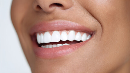 Close up of a woman showing her perfect white smile. Oral hygiene concept for dentistry and teeth whitening.