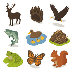 Fototapeta premium Mountain Wildlife Icons. Isometric Flat icon set of mountain lake wildlife: deer silhouette, bear paw, eagle in flight, jumping