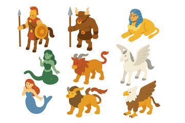 Obraz premium Mythical Beings Icons. Isometric Flat icon set of mythical beings: centaur warrior, minotaur sentinel, sphinx riddler, cyclops
