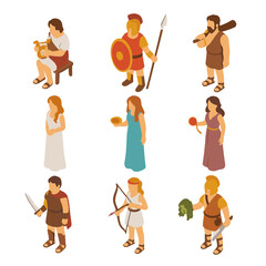 Naklejka premium Mythical Heroes Icons. Isometric Flat icon set of Mythological heroes: Orpheus, Achilles, Hercules, Perseus, Helen of Troy,