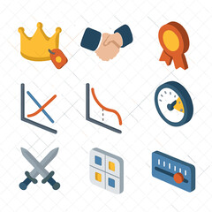 Oligopoly Strategy Icons. Isometric Flat icon set of Oligopoly firm strategies: price leadership crown, tacit collusion handshake,