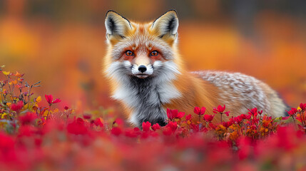 Fototapeta premium A red fox rests quietly among vibrant autumn flowers, capturing the essence of wild elegance and the peaceful rhythm of nature. Vertical composition with soft natural light and rich seasonal colors.