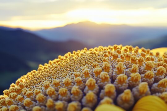 A macro shot of sunflower disk florets with a mountain range and sunset sky in the background. 