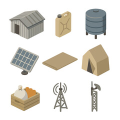 Refugee Camp Essentials. Isometric Flat icon set of Refugee camp hut: corrugated metal walls, jerrycan, water tank, solar panel,