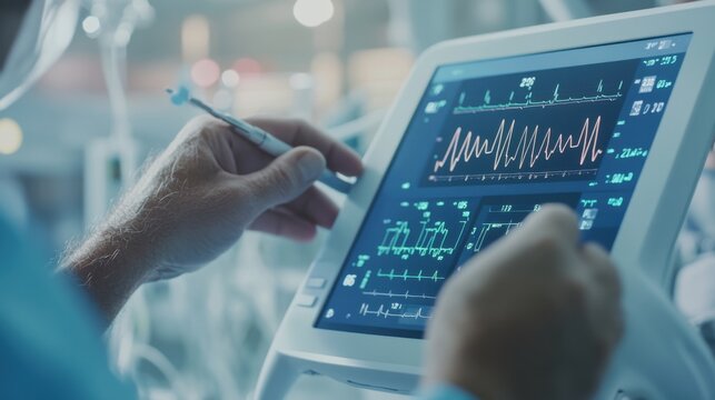 A detailed close-up of a heart rate monitor displaying vital signs, with a focus on the screen and medical staff&rsquo;s hands adjusting settings, set against a clinical