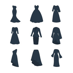 Fototapeta premium Signature Couture Icons. Isometric Flat icon set of signature couture silhouettes: mermaid gown, ball gown, sheath dress,