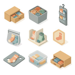 Sock Storage Icons. Isometric Flat icon set of sock storage solutions: sock drawer, storage bin, hanging organizer, mesh bag,