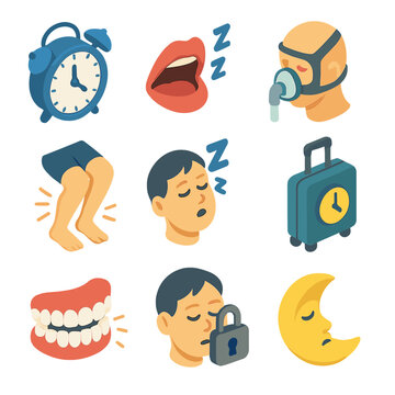 Sleep Disorders Icons. Isometric Flat icon set of common sleep disorders: insomnia clock, snoring mouth, sleep apnea mask,