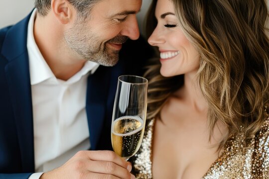 Elegant couple celebrating with champagne, their faces close, joyfully smiling, and dressed up for a special occasion, filled with love.