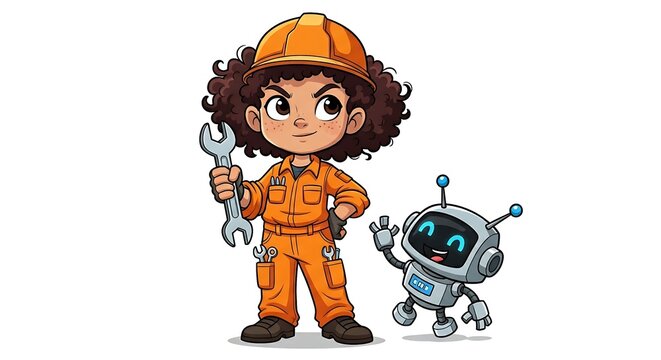 Cartoon girl engineer holding wrench beside small robot. Smart tech-savvy child character on white background.