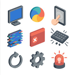 Tech Glitch Icon Set. Isometric Flat icon set of technology glitch frustration: blue screen monitor, spinning beach ball,