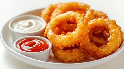 Crispy onion rings, ketchup and creamy white sauce on a plate, bright lighting