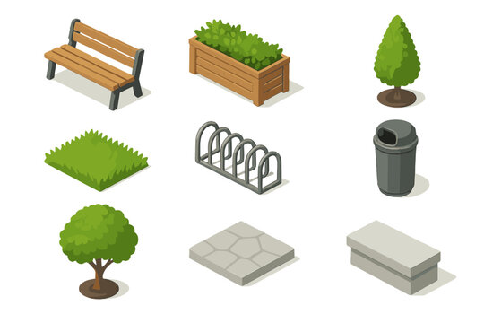 Urban Park Icons. Isometric Flat icon set of greenery and seating zones: wooden bench, planter box, topiary shrub, grass patch,
