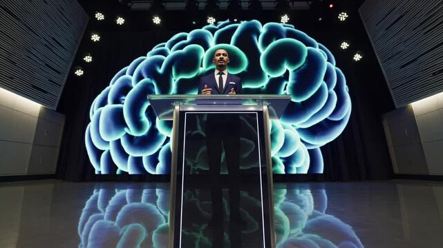 Businessman giving presentation about futuristic brain