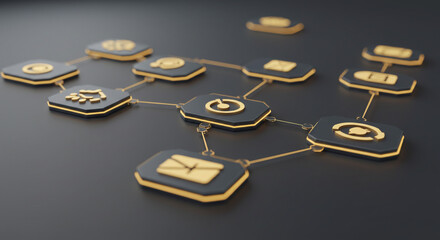 Network diagram of black and gold icons connected by lines on a dark gray surface background design