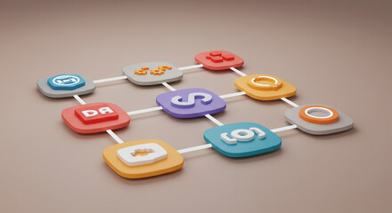 A network of colorful square icons connected by white lines on a light brown surface in a studio shot