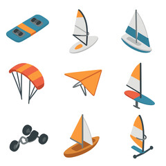 Wind Sports Icons. Isometric Flat icon set of wind sports equipment: kiteboard, windsurf board, sailboat, paraglider wing, hang
