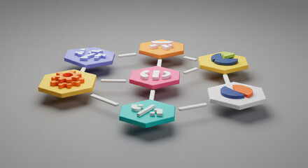 Isometric view of colorful hexagonal icons connected by white lines on a gray background artwork