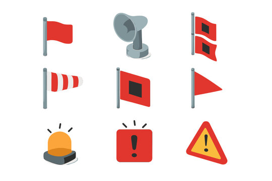 Wind Warning Icon Set. Isometric Flat icon set of wind warning signals: red flag, tornado siren, hurricane warning flag, gale