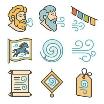 Isometric Wind Icon Set. Isometric Flat icon set of wind folklore and symbols: Zephyr god emblem, Anemoi icon, prayer flags, wind