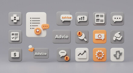 A collection of stylized icons representing various concepts on a gray background in a rendered style