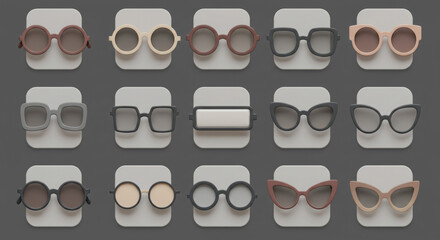 A collection of fifteen different styles of sunglasses displayed on individual white rounded squares