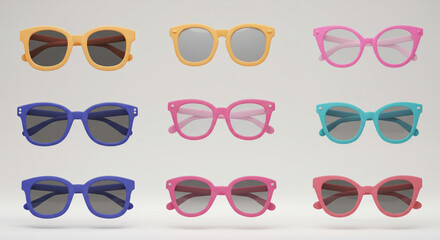 A collection of nine colorful sunglasses arranged in a grid pattern on a plain white background