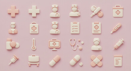A pastel pink background featuring medical icons such as crosses, nurses, and medical supplies