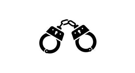 A stark black and white image showcasing a pair of handcuffs centered on a plain white background
